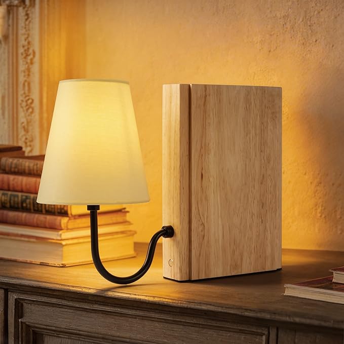 AELS Wooden Bookshelf Lamp with Bulb, Table Lamp with Linen Shade, 3-Color Dimmable Touch Control, Modern Decorative Bookend, Book Sconce for Office Home Bedroom Bookshelf, Natural
