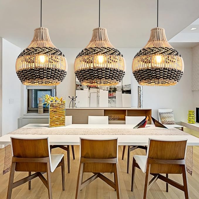 3-Pack Fax Rattan Pendant Light Fixture Mini Hand-Woven Black White Rattan Chandelier 10.24" Boho Wicker Hanging Lamp for Dining Living Bedroom Kitchen Farmhouse