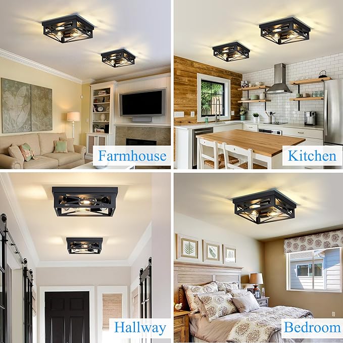 Black Flush Mount Ceiling Light Fixture,4-Light Square Hallway Light Fixtures Ceiling,Light Fixtures Ceiling Mount for Farmhouse,Kitchen,Hall,Bedroom (2 Pack)