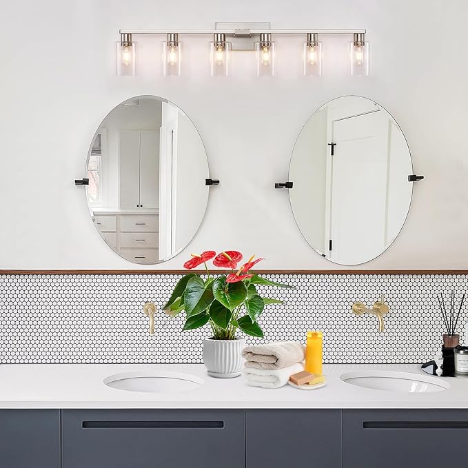 6 Light Bathroom Vanity Light,Vanity Light with Clear Glass Rust Proof Moisture-proof Easy to Clean 40"Brushed Nickel Bathroom Lighting Fixtures over Mirror Large Vanity Light for Bathroom Wall Sconce