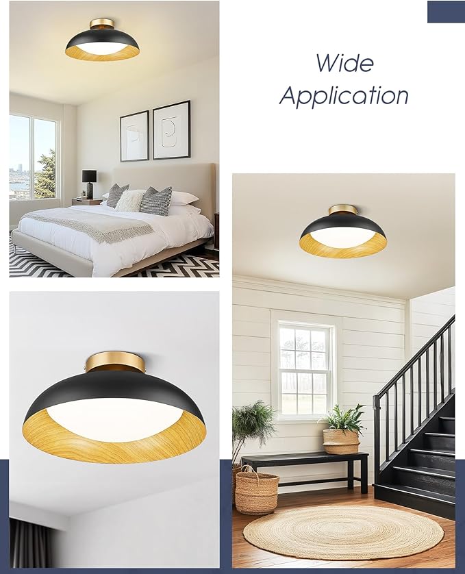Kudos 15-Inch Flush Mount Ceiling Light with Painted Wood-Grain and Black Finish, 24W/1300lm for Kitchen, Bedroom, Hallway, 5CCT