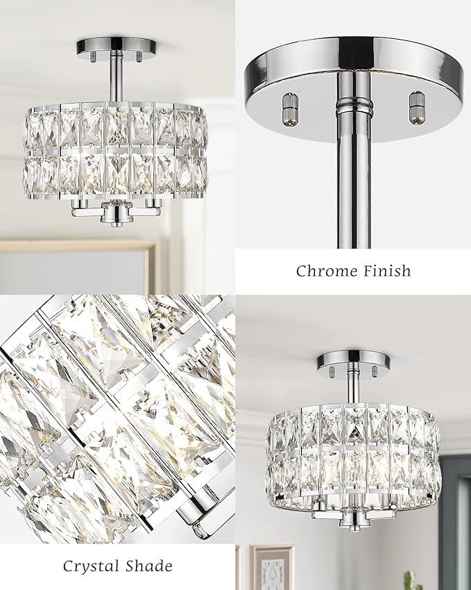 CALDION Semi Flush Mount Ceiling Light Fixture, 11" Crystal Light Fixture, 3-Light Modern Chandelier with Chrome Finish for Bathroom, Dinning Room, Hallway, Bedroom, 6869SM-CH-3