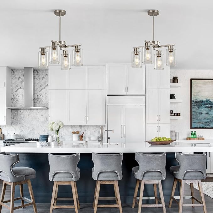 4-Light Brushed Nickel Dining Room Light Fixture, Modern Industrial Kitchen Chandelier Over Table, Adjustable Height Hanging Pendant Light for Kitchen Island, Entryway with Clear Glass Shade