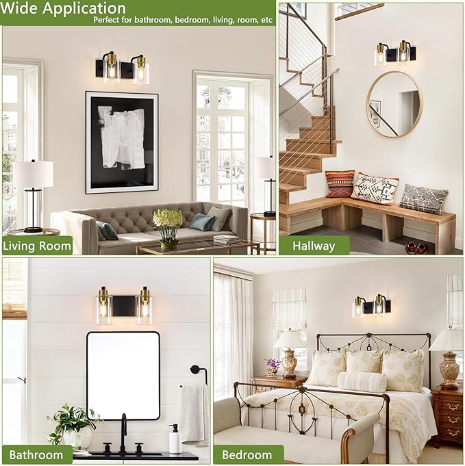 Dpyrrhic Bathroom Light Fixtures, Matte Black and Gold 2-Light Bathroom Lights Over Mirror with Clear Glass Shade,Wall Sconces for Bathroom