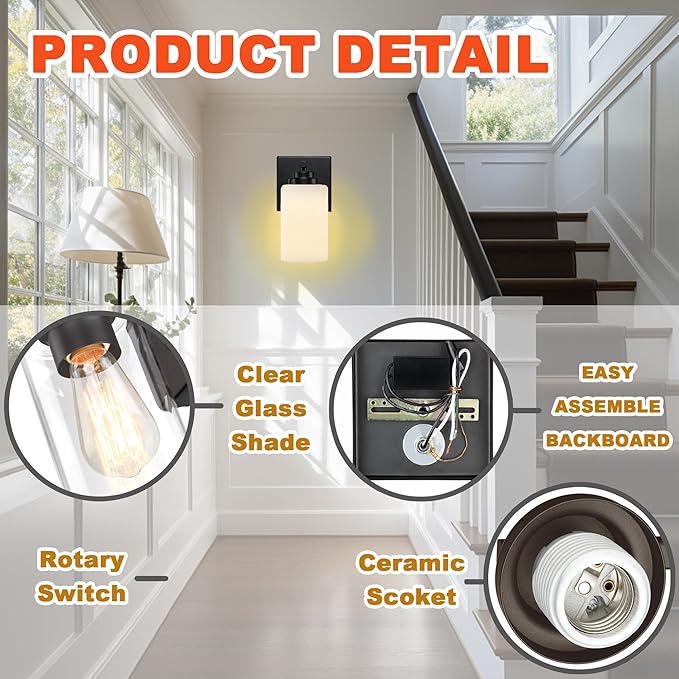 Loyareal Wall Sconces with Switch Set of Two, Bedside Wall Lamps for Bedroom, Modern Bathroom Light Fixtures with Milk Glass Shade, Black Sconces Wall Lights for Hallway, Living Room, Kitchen