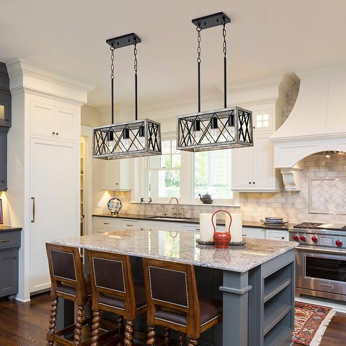 KEESFU Farmhouse Kitchen Island Lighting Ceiling, 3 Lights Pendant Lighting Fixtures, Adjustable Height, Industrial Dining Room Light