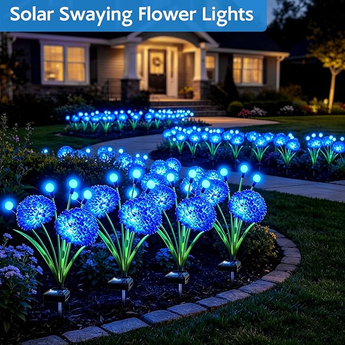 Solar Garden Lights, 4 Pack Blue Solar Swaying Firefly Lights With Flowers, Waterproof Blue Flowers Light Outdoor for Garden Patio Yard Pathway Fall Decoration, Gifts for Women Mother's Day