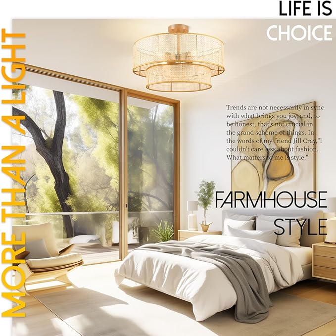 Hamilyeah 20 inch Ceiling Light Fixture Flush Mount Double Layer, Boho Light Fixture Ceiling Mount Wicker Shade, Bamboo Woven Rattan Fixture Light for Living Room, Bedroom, Dining Room