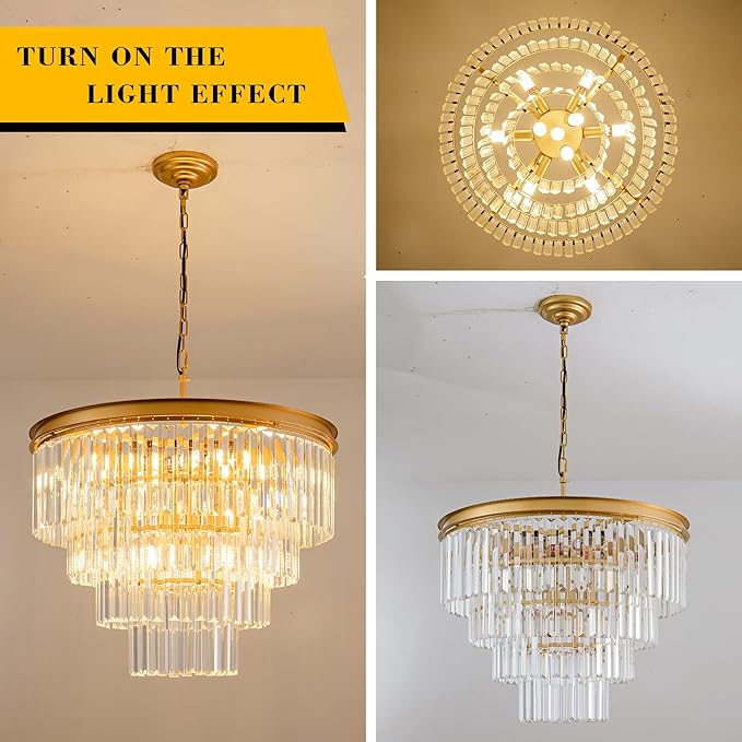 Gold Crystal Chandelier 22.9" 10-Lights Modern Crystal Pendant Lights 4-Tier Luxury K9 Hanging Dining Room Lighting Fixture for Living Room Bedroom Kitchen Island Entryway Stairway Office