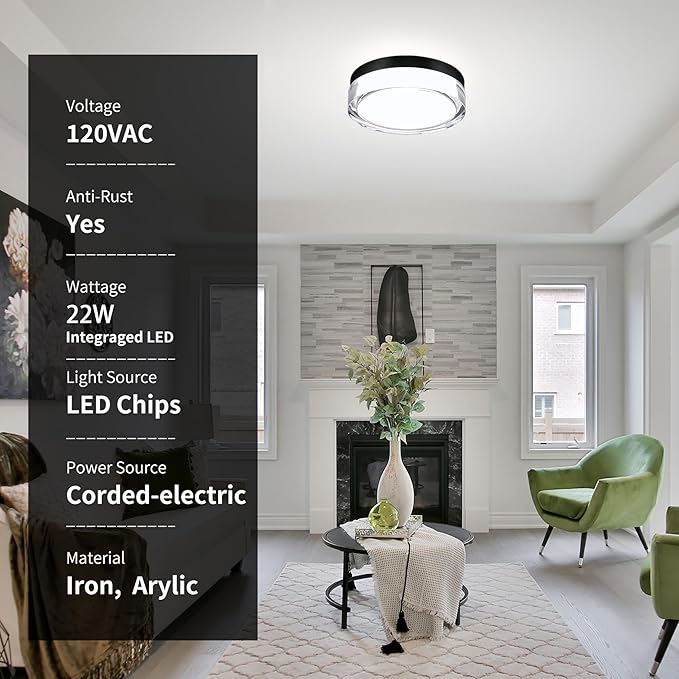 9 inch Flush Mount Ceiling Light Fixture, 3CCT LED Ceiling Lights, Black Modern Dimmable Lighting for Hallway Bathroom, Crystal Prismatic Featured, 3000K/4000K/5000K