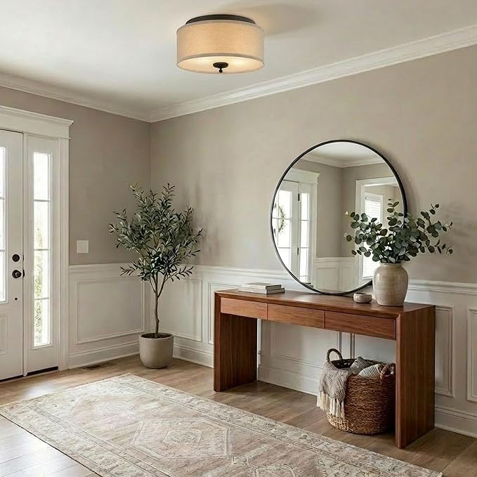 Quoizel Blanche 16" Flush Mount Ceiling Light with Premium Fabric Shade, Matte Black, ETL Damp Rated for Kitchen or Bath