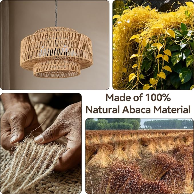 24" Large Rattan Chandelier, 6-Light Boho Dining Room Light Fixture Over Table, Natural Handwoven Wicker Pendant Lamp for Living Room, Coastal Farmhouse Hanging Ceiling Light