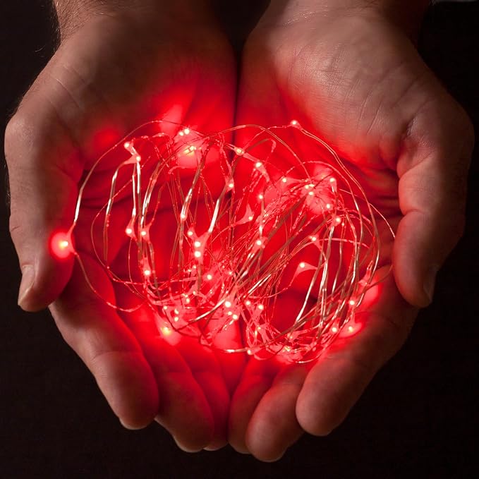 30 LED Wire Twinkle Fairy Lights, Battery Powered, Waterproof — Christmas, Holidays, Halloween, Wedding — Bedroom, Living Room — 9.5 Ft, Red, Indoor & Outdoor