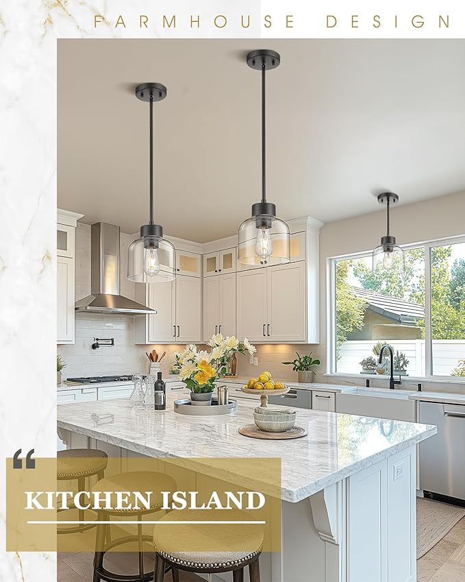 Black Pendant Lights Kitchen Island, 7" Hanging Lights Fixtures with Clear Glass Shade, Modern Kitchen Pendant Lighting Over Island for Dining Room, AD-24024-1P-BK