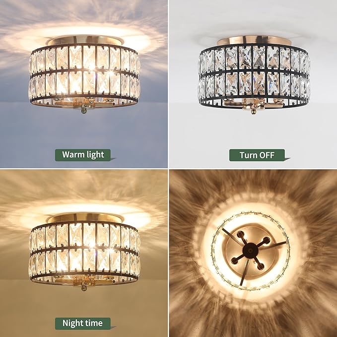 Black Gold Crystal Ceiling Light, 4-Light 11.2 Inch Modern Flush Mount Chandelier, Crystal Flush Mount Ceiling Light Fixture for Bedroom, Kitchen, Living Room, Dining Room, Hallway, Entryway