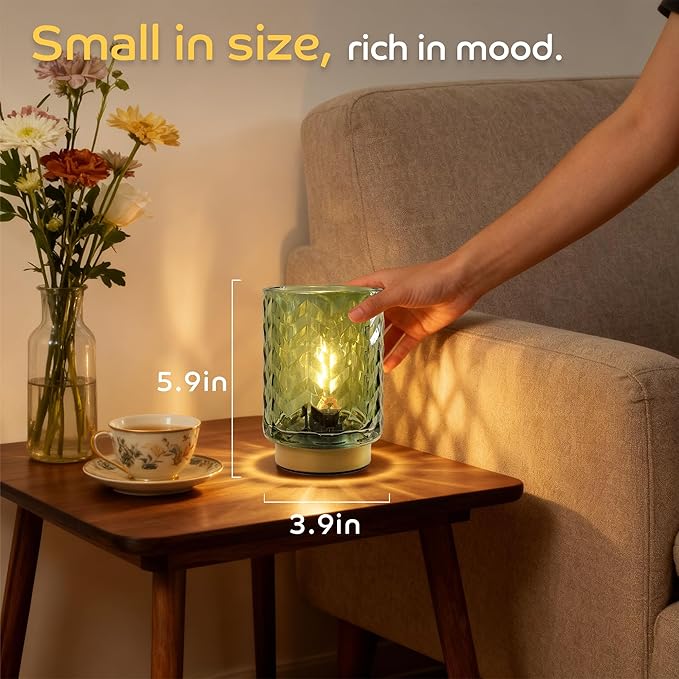 LUSHARBOR Battery Operated Table Lamp, Small Green Glass Lamp Bedside Decor Ambient, Cordless Table Lamp for Bookshelf Desk Living Room Entryway Dorm Wave Design-Green