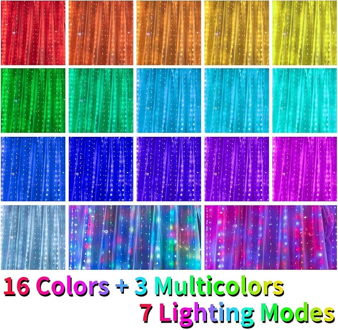 16 Colors Changing Curtain Lights - 400 LED 14.8 X 9.8 FT Fairy String, 7 Modes Twinkle with Remote, Backdrop Wall Hanging Dripping for Bedroom Backyard Halloween Christmas Decor