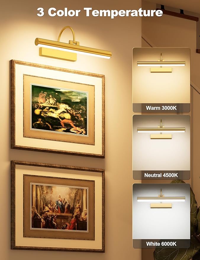 Bridika Picture Light for Wall with Remote, Rechargeable Battery Operated Picture Light, 3 Color Modes and Dimmable Classic Art Lights for Paintings, Gallery, Bedroom, Bathroom with Timer Gold 1