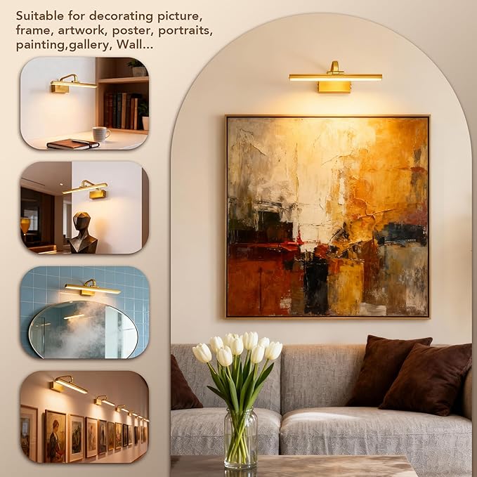RAIFOOLLY Picture Light, 16inch Picture Lights for Wall Cordless with Timer and Dimmable, 5000mAh Battery Wall Lights for Display Gallery Painting Art Frame Portrait-Brass