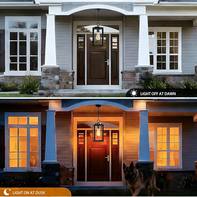 2 Pack 13" Dusk to Dawn Outdoor Pendant Light for Porch,Black Lantern Hanging Chandelier with Adjustable Chain, Anti-Rust Exterior Hanging Ceiling Fixture for Hallway,Front Door,Entryway Patio.
