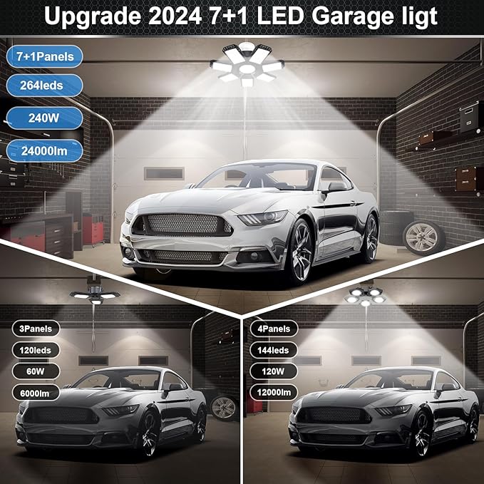 AUDLES 4 Pack LED Garage Light, 240W 24000LM 6500K LED Shop Lights, Garage Lights Ceiling Led with 7+1 Deformable Panels, E26/E27 Bulb Socket Lighting for Shop, High Bay, Attic, Basement, Warehouse