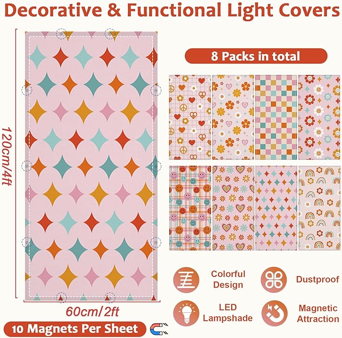 QOUBAI 8 Pcs Fluorescent Light Covers,4 x 2 Ft Magnetic Light Filters Fluorescent Lights Shade Easy Install for Classroom Office Library Hospital Home Ceiling Boho
