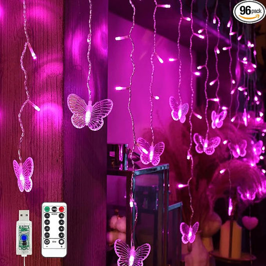 YOLIGHT Butterfly Curtain Lights, Pink Fairy Lights with Remote Timer, 8 Modes Twinkle LED for Girls' Room Dorm Garden Window Party Wedding Christmas Decor (Neon Pink), 13ft