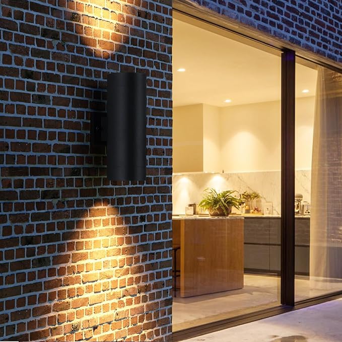mirrea 14" Modern Outdoor Porch Light Patio Light in 2 Lights with Aluminum Cylinder and Tempered Glass Cover Waterproof Wall Sconce 2 Pack (Matte Black)