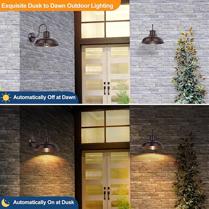2-Pack Dusk to Dawn Outdoor Wall Sconces, Farmhouse Outside Lighting Gooseneck Barn Lights, Oil Rubbed Bronze Exterior Wall Lights, Anti-Rust Waterproof Outdoor Light for House Porch Garage Entryway
