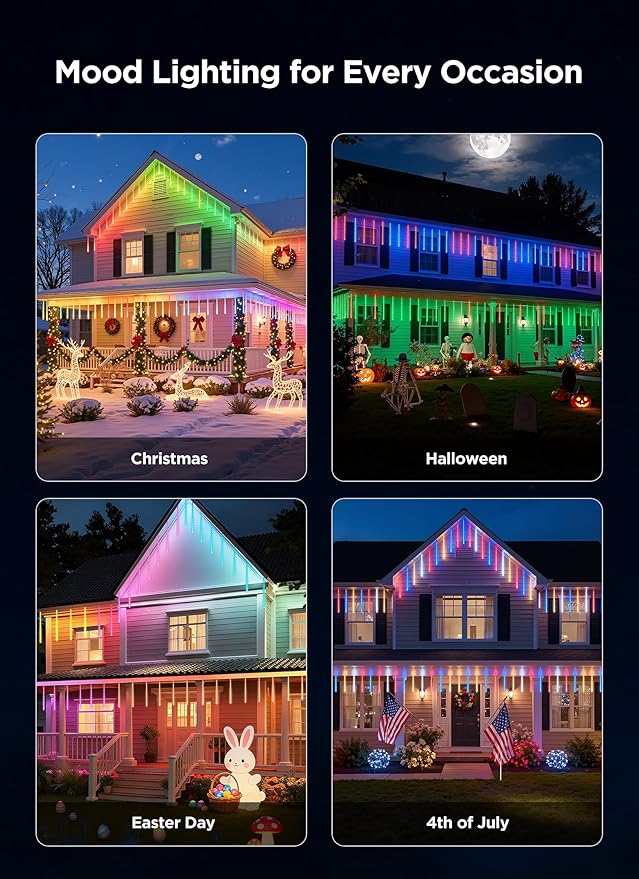 Smart Meteor Shower Rain Lights, 8Tube 128LED 11.48ft Color Changing Icicle Christmas Lights Outdoor Outside, APP Controlled RGB Customize Display DIY Dynamic Lighting Effect