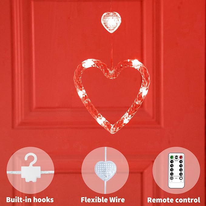 YOLIGHT Heart Curtain Lights, 9.8ft Valentine's Day Window Lights, USB Plug LED Hearts String Lights, Light up Heart Hanging Lights for Valentines Mother's Day Room Decoration (Red)