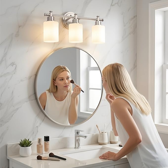 3-Light Bathroom Vanity Light Fixtures, Brushed Nickel Bathroom Wall Sconce, Modern Vanity Light with Milky White Glass Shade Over Mirror, Bathroom, Bedroom, E26 Base, 17 Inch
