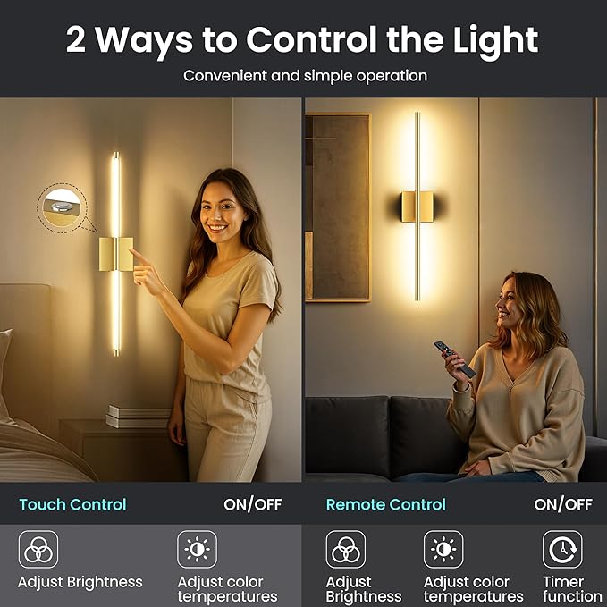 Battery Operated Wall Sconces Set of Two, 10000mAh Rechargeable Wall Lights with Remote Control, 360° Rotate Dimmable Gold LED Cordless Lamps for Bedroom, Living Room, Hallway, 29 Inch, 3CCT