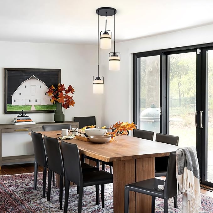 Black 3-Light Pendant Lighting, Adjustable Cluster Hanging Light Fixture with Milk Glass Shade, Modern Pendant Light for Kitchen Island Dining Room Bar