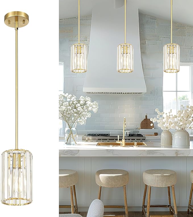Crystal Pendant Lights, Hanging Light Fixture with Polished Gold Finish, Modern Mini Chandelier, Pendant Lights Kitchen Island Dining Room Bedroom, PL5510-1P-PG