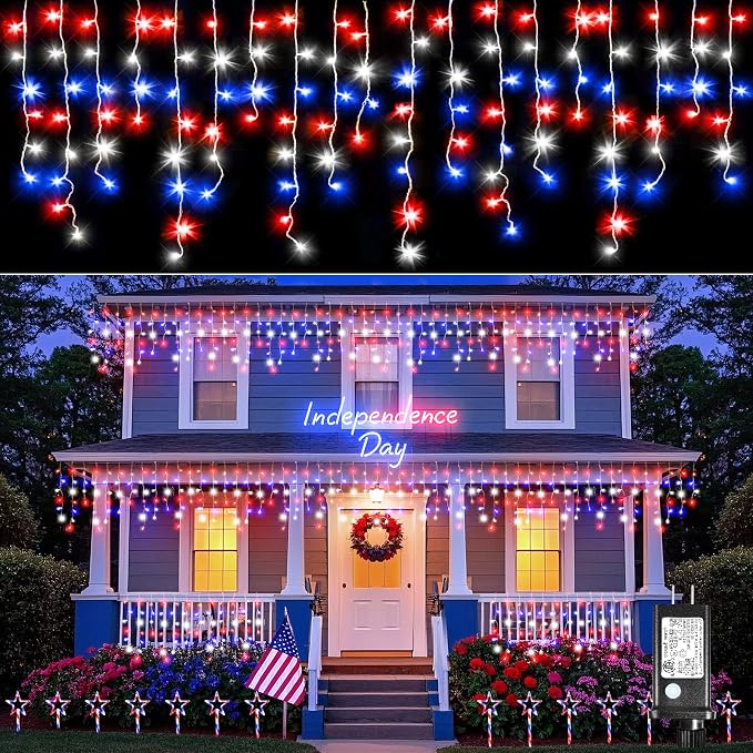 Red White and Blue Icicle Lights for Outside, 4th of July Decorations Independence Day Patriotic Lights, 33ft 400 LED with 75 Drops Clear Wire Connectable for Memorial Day Party Holiday