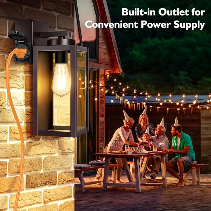 BesLowe 2-Pack Porch Lights with UL Certified Outlet, Modern Outdoor Wall Lights Exterior Lighting Fixtures Waterproof, Exterior Wall Sconces Outside Lights for House Front Door Garage, Brown