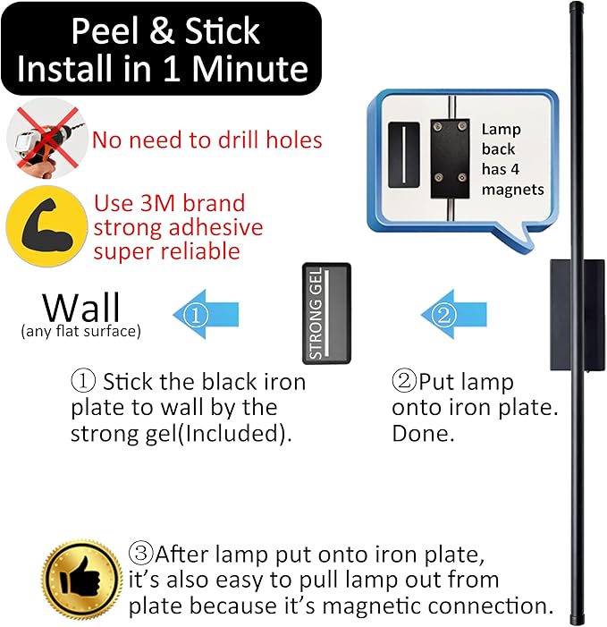 Easy Install Peel and Stick on Battery Operated Wall Sconces Set of 2 Rechargeable, Magnetic Linear Wall Sconce Wireless Long Picture Vanity Wall Light for Living Room Bedroom (2 Pack, 28.3'', Black)