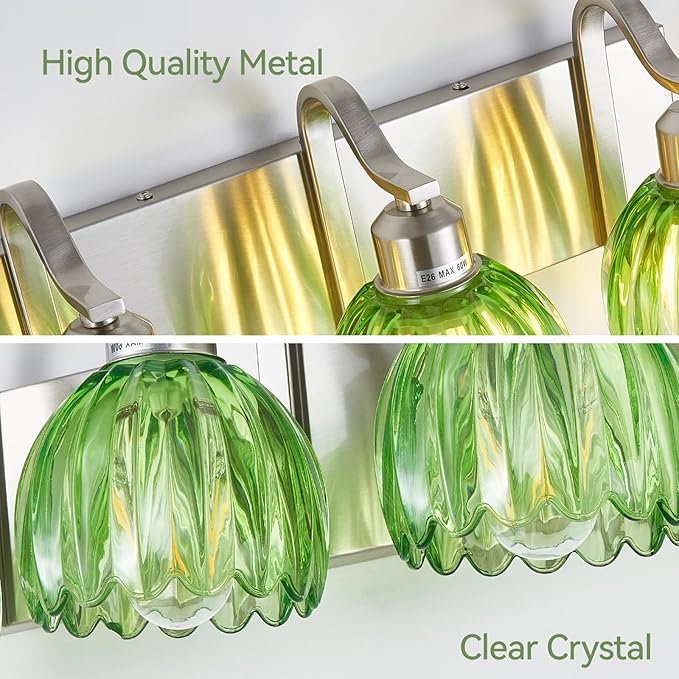 3-Light Vanity Lights with Green Tulip Glass Shade, Brushed Nickel Bathroom Lighting Fixture Over Mirror, Vintage Vanity Wall Sconce Lamp for Kitchen Living Room Hallway