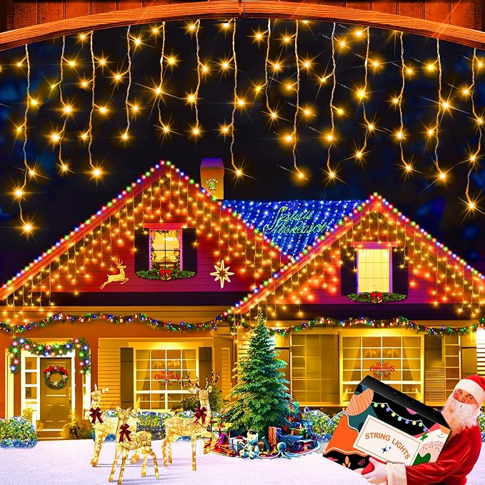 XURISEN 132ft Christmas Lights Decorations Outdoor, 1280 LED 8 Modes Fairy Lights with 240 Drops,Plug in Waterproof Timer Memory Function for Christmas Holiday Wedding Party Decorations(Warm White)