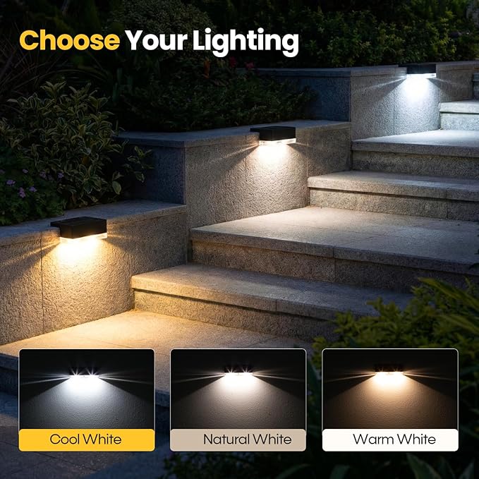 JOFIOS Solar Deck Lights 8 Pack, 3 Color Modes Soft Warm/Natural/Cool Glow, IP65 Waterproof Step Lights for Outdoor Ambiance, Solar Lights for Fence, Deck, Railing, Patio & Backyard Decor (Black)