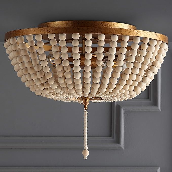 JONATHAN Y 15" Antique Gold/Cream Allison 3-Light LED Flush Mount Ceiling Light for Bedroom, Wood Beaded Shade Shabby Chic Farmhouse Rustic Decor, LED Bulbs Included (JYL9019A)