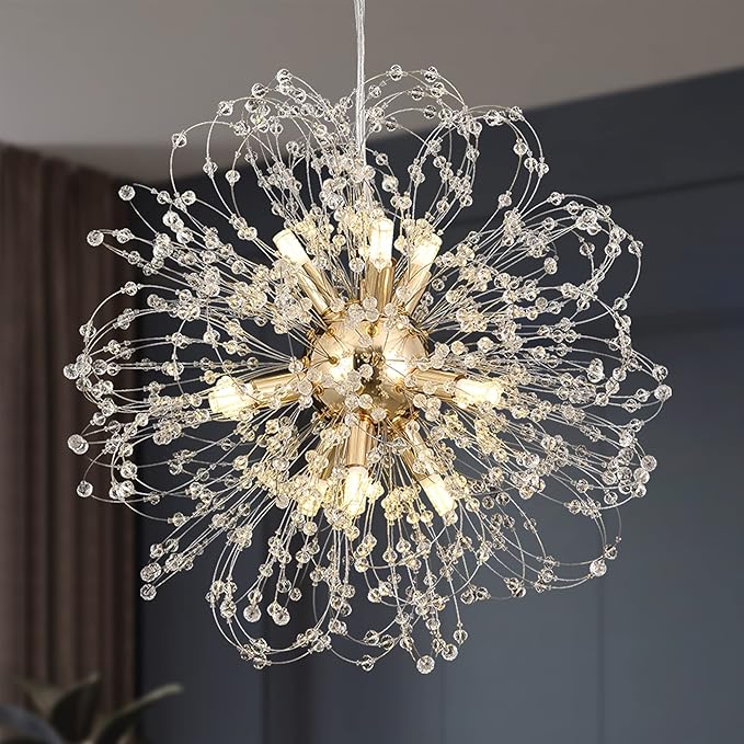 Dandelion Crystal Chandeliers, 9-Light Modern Firework Chandelier for Dining Room, Gold Sputnik Pendant Light Fixture for Bedroom, Living Room, Kitchen, Restaurant