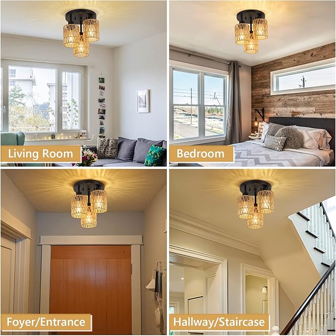3-Lights Boho Light Fixtures Ceiling Mount, Farmhouse Rattan Chandelier, Hand Woven Cage Shade Semi Flush Mount Ceiling Lights for Bedroom Foyer Entryway Kitchen, Hallway Rattan Light Fixtures Ceiling