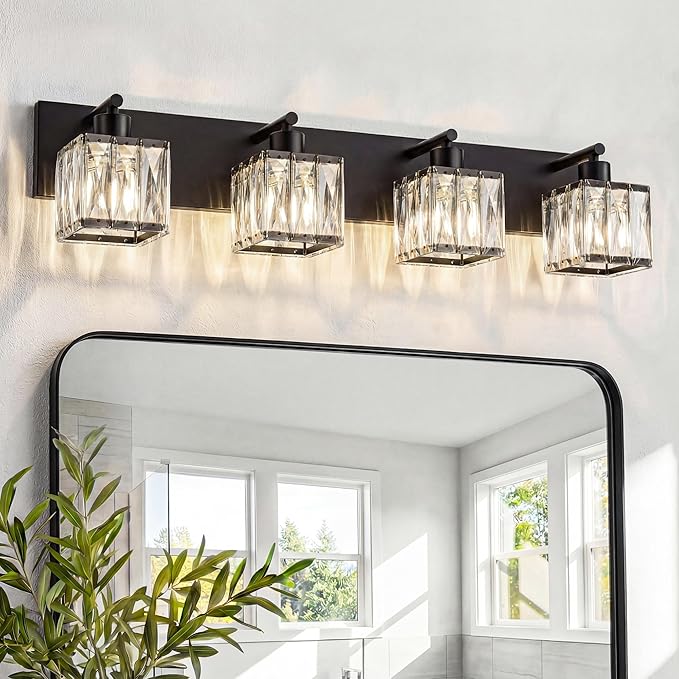 VOLISUN Black Bathroom Light Fixtures, Modern Bathroom Lighting Fixtures Over Mirror, 4 Light Bathrooms Vanity Light, Crystal Vanity Light for Bathrooms-UL Certificated(Exclude Bulb)