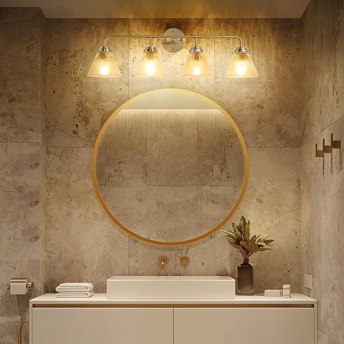 Modern Bronze Bathroom Vanity Light, 4-Light Wall Sconce with Clear Ribbed Glass Shades, Farmhouse Industrial Light Fixture for Bathroom, Vanity Mirror, Powder Room, Hallway (bronze, Eletroplate, 4)