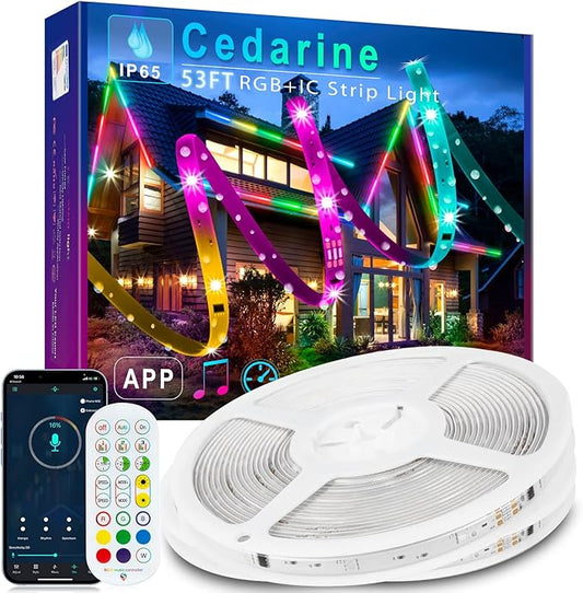 52FT Continuous RGB+IC Outdoor Led Strip Lights Waterproof with RF Remote & Bluetooth Music Sync App Control, Long Color Changing LED Rope Lights,IP67,24V