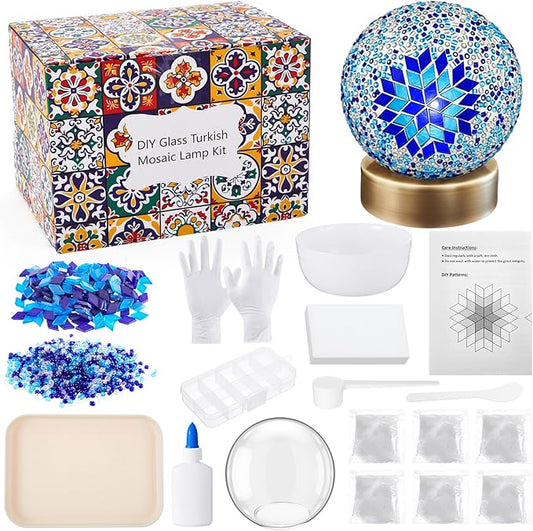 Baquler Turkish Mosaic Lamp Kit DIY Stained Glass Decorative Table Bedside Night Light Tabletop Bohemian Moroccan Lamp Craft Kit for Living Room Decorations (Blue)