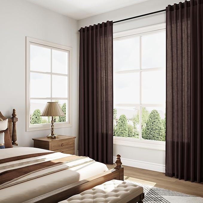 Coffee Brown Linen Curtains 63 Inches Long for Bedroom Back Tab Filters Light Protects Privacy Sheer Modern Farmhouse Coastal Decor Cotton Texture Gauze for Bathroom, 2 Panels