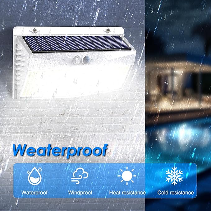 4 Pack 368 LED Solar Lights Outdoor Motion Sensor, Solar Fence Light with 3 Lighting Modes, Solar Powered Security Lights Waterproof for Outside Yard Wall Garden Backyard，White